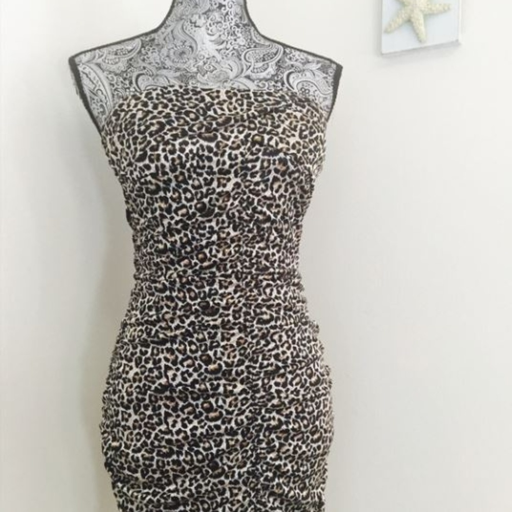 Satin Ruched Cheetah Mini Dress